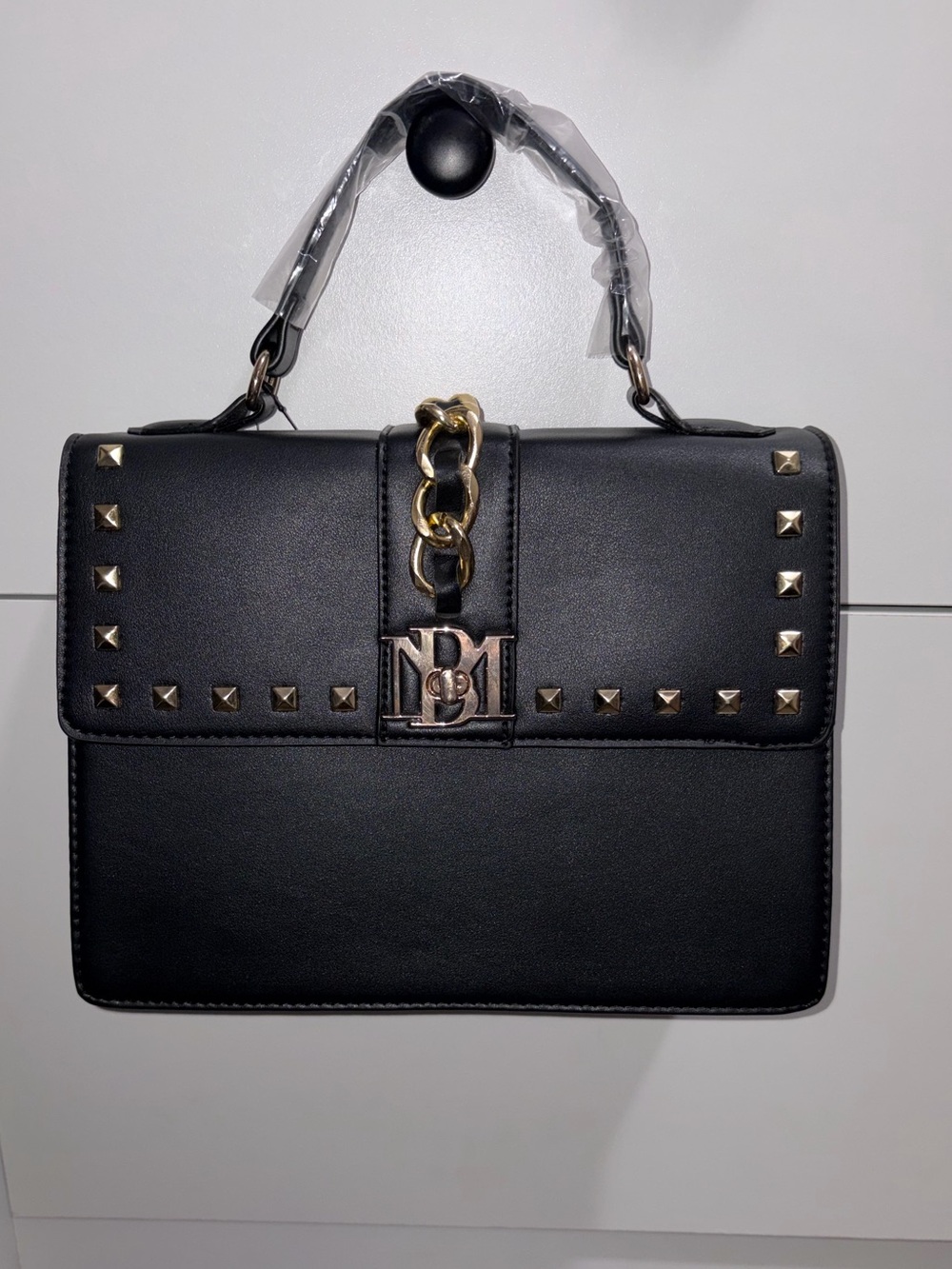 Black Studded Top-Handle Bag with Gold Chain Accent